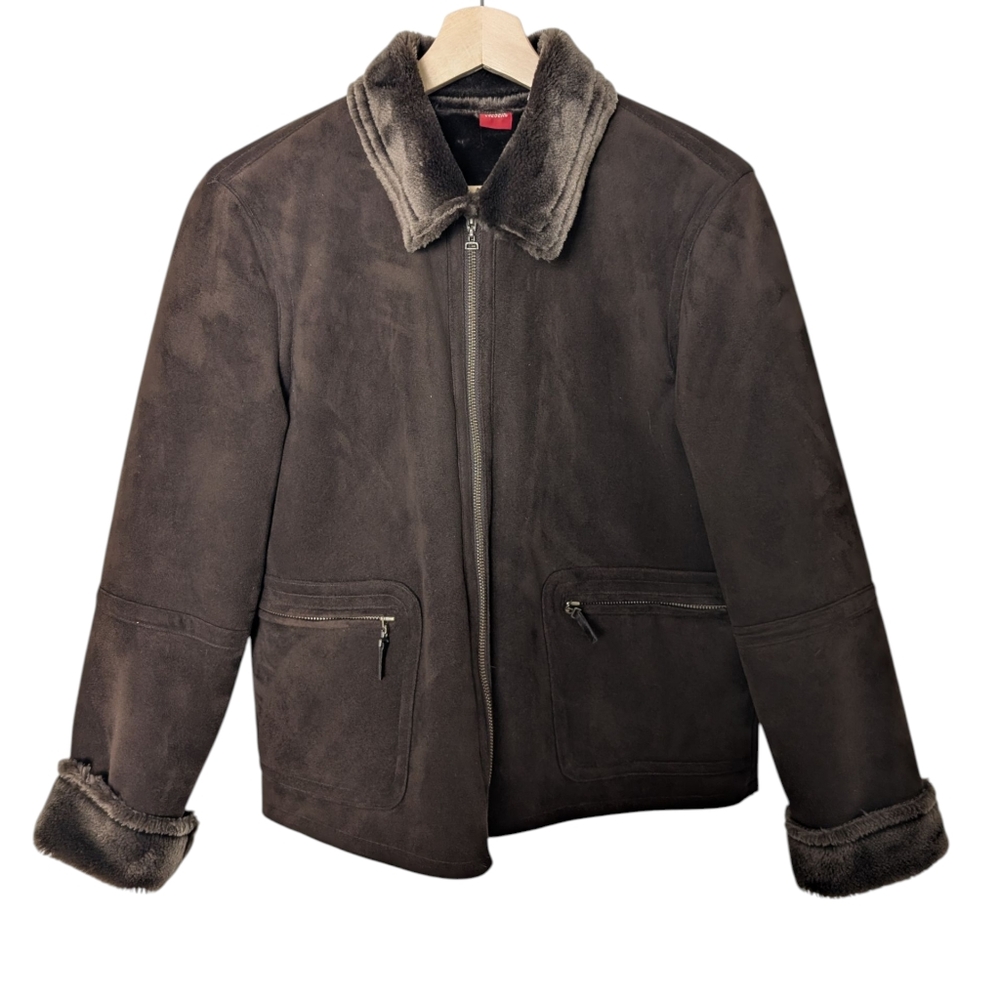 Valerie Stevens Y2K Brown Faux Suede Fur Collar Sherpa Cropped Jacket, size M